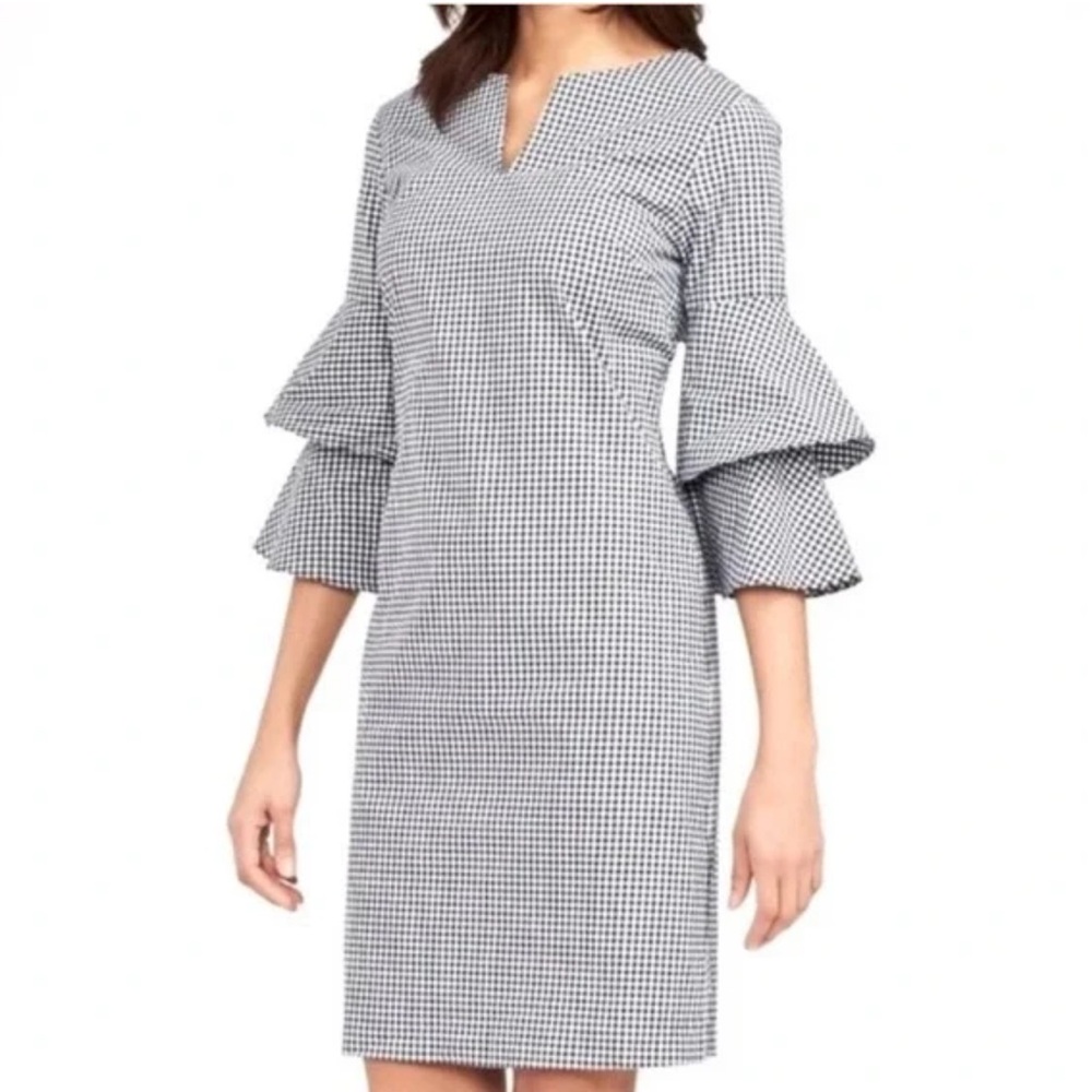 J. McLaughlin Letty 3/4 Bell Sleeve Sheath Dress White/Navy Gingham Sz Large NWT